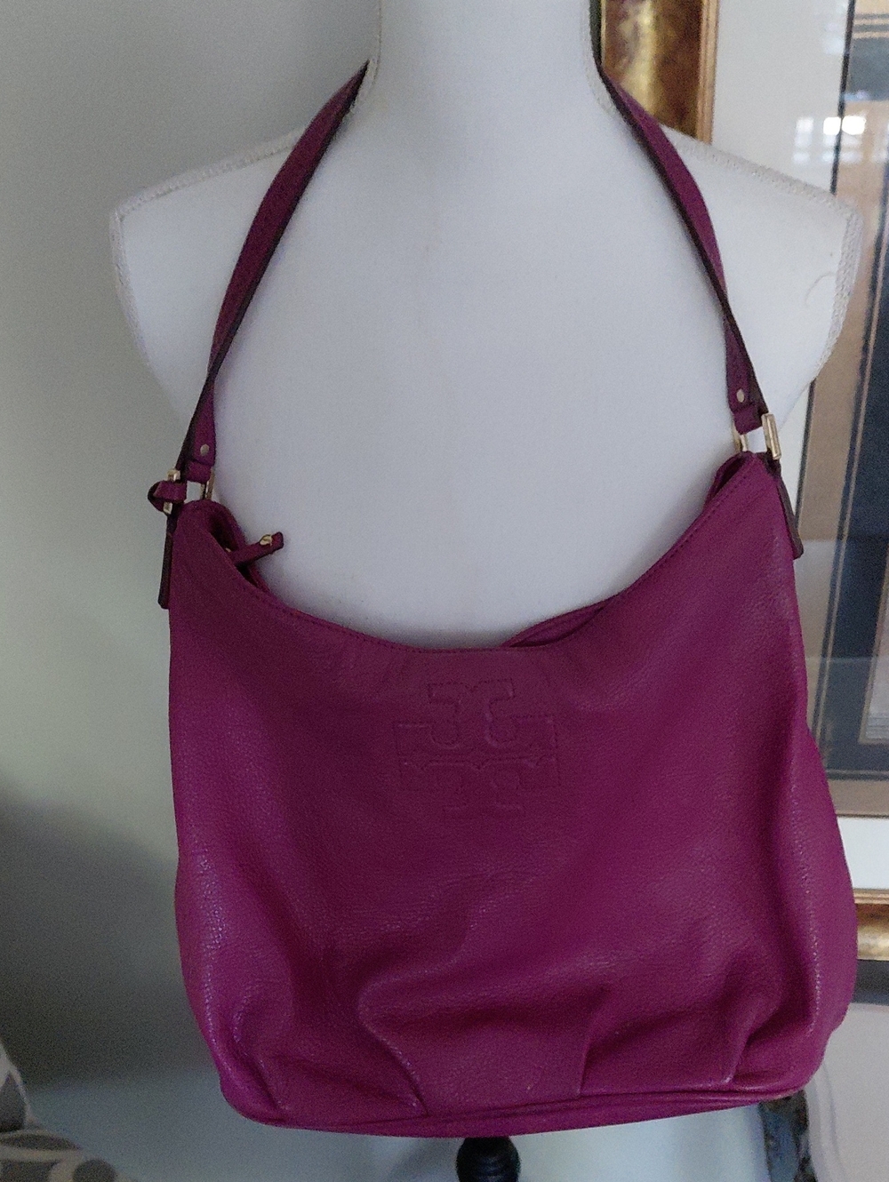 Tori Burch Vibrant Fuchsia Leather Shoulder Bag with Embossed Logo